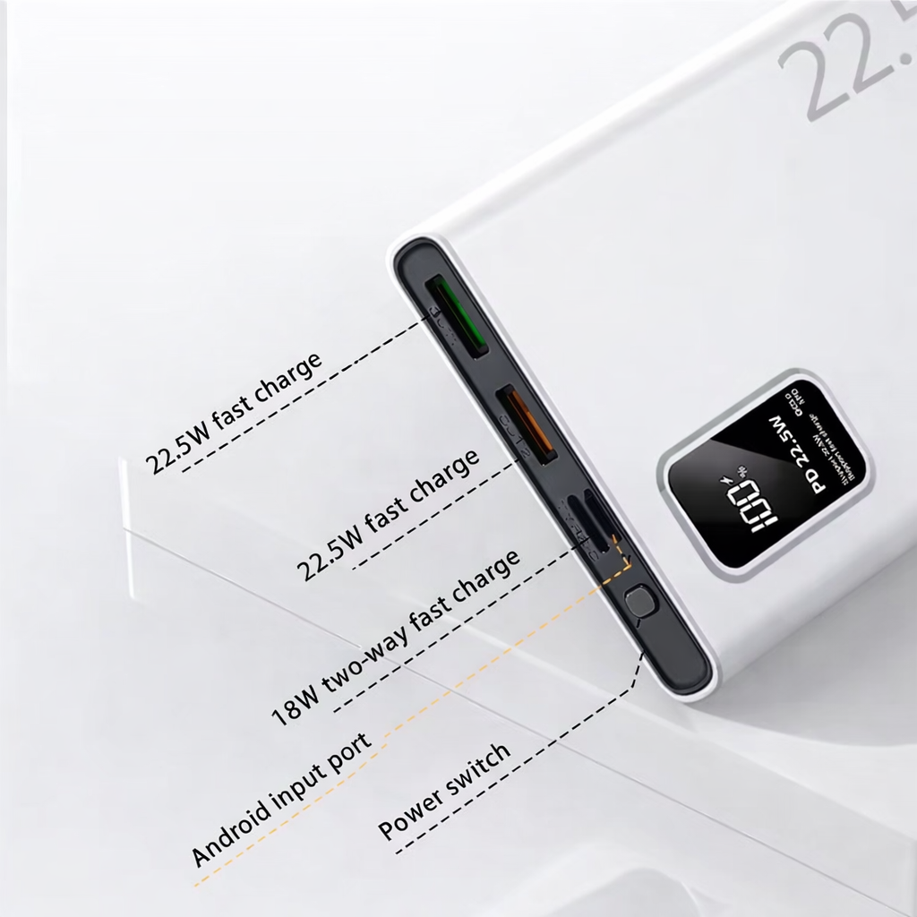 White,Ultra-Slim 10,000mAh Power Bank | 22.5W Fast Charging | Digital Display