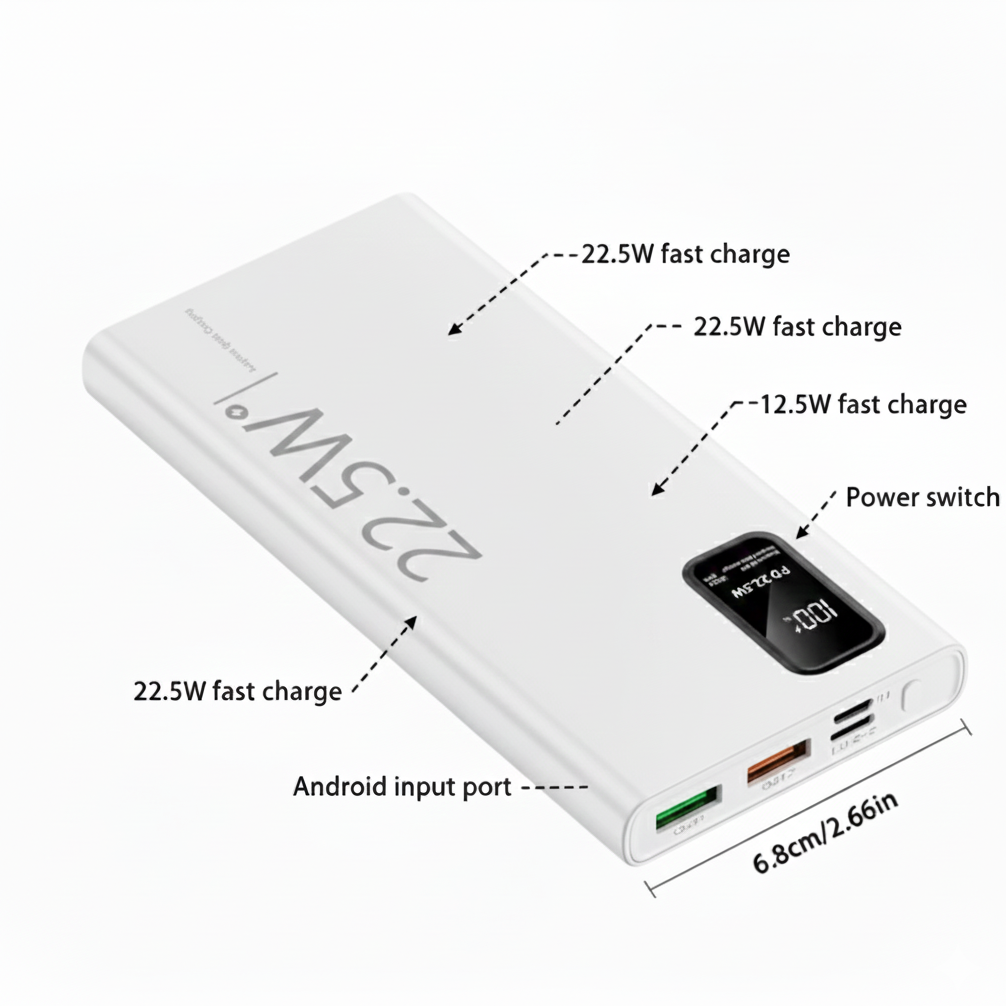 White,Ultra-Slim 10,000mAh Power Bank | 22.5W Fast Charging | Digital Display